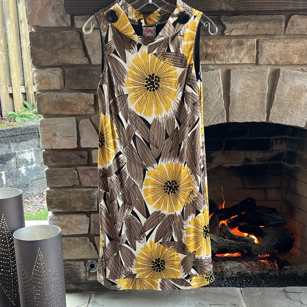 Yoana Baraschi Yellow and Brown Patterned 100% Silk Dress Medium - Picture 2 of 7